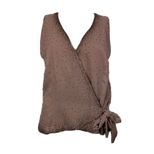 Alfred Angelo Shirt Women Sz 20 Taupe Brown Chiffon V-Neck Wrap Beaded Blouse